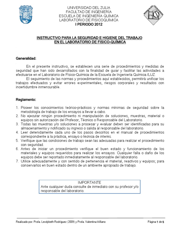 Instructivo para La Seguridad e Higiene Del Trabajo en El Lab F-Q 1ero ...