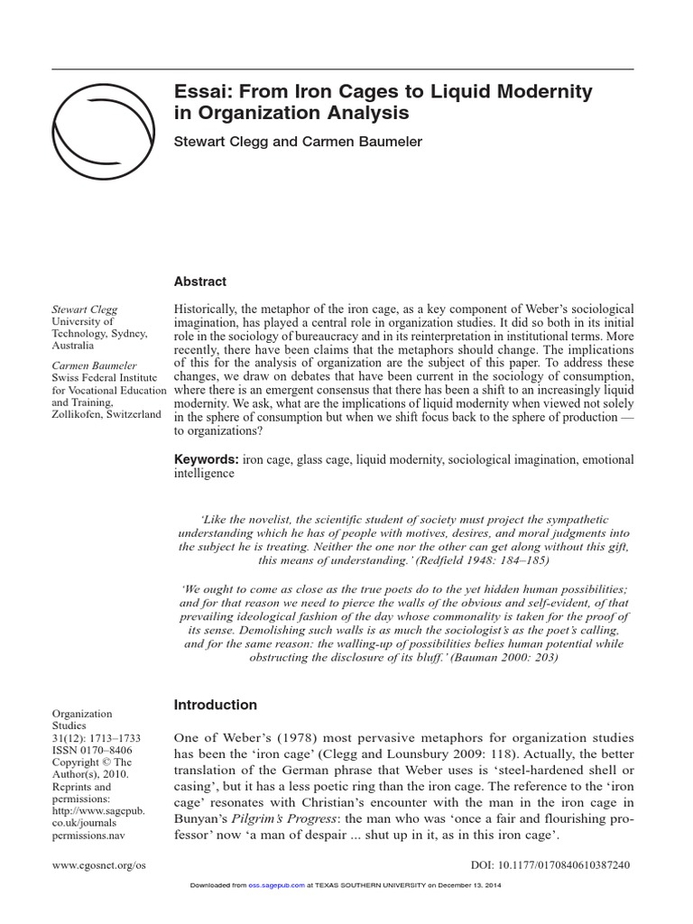Clegg2010. From iron cages to liquid modernity in organization analysis