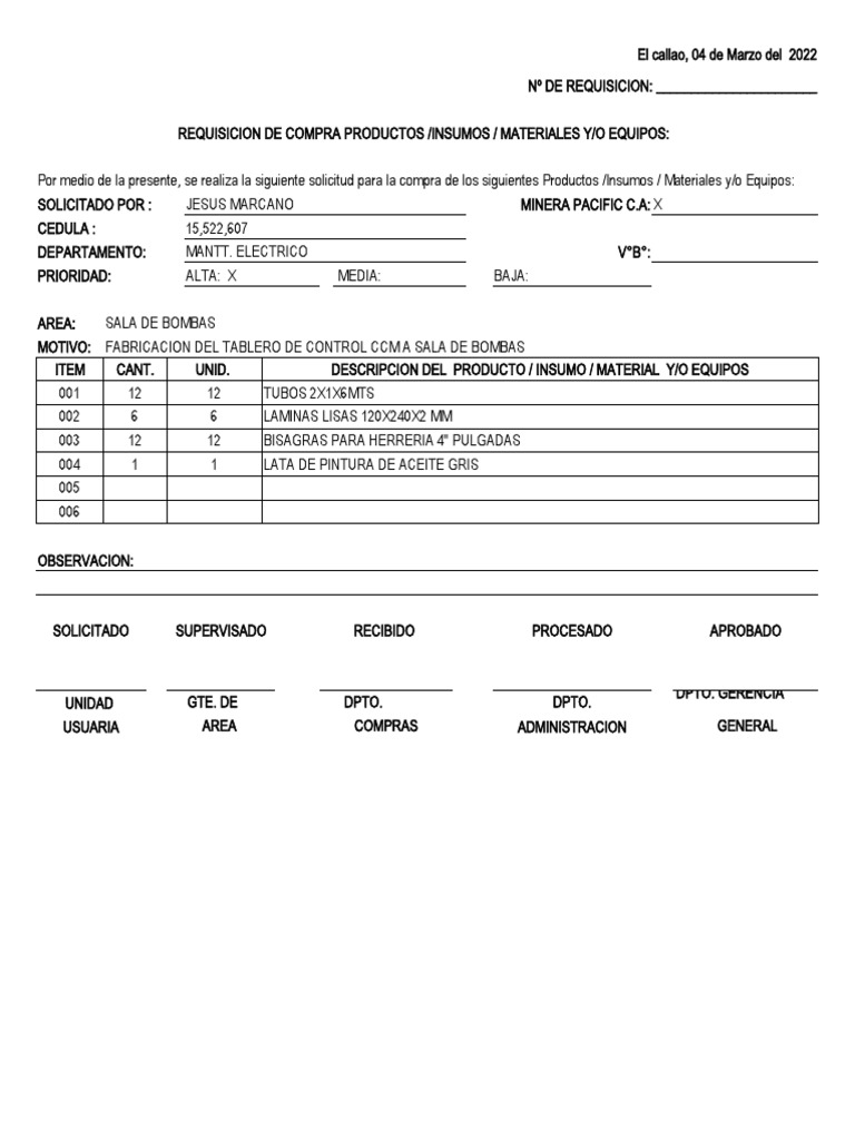 Requisición de Compra para Sala de Bombas | PDF