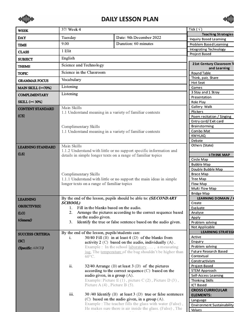 W37 - L 103 (1 Elit) Lesson Plan Microteaching | PDF