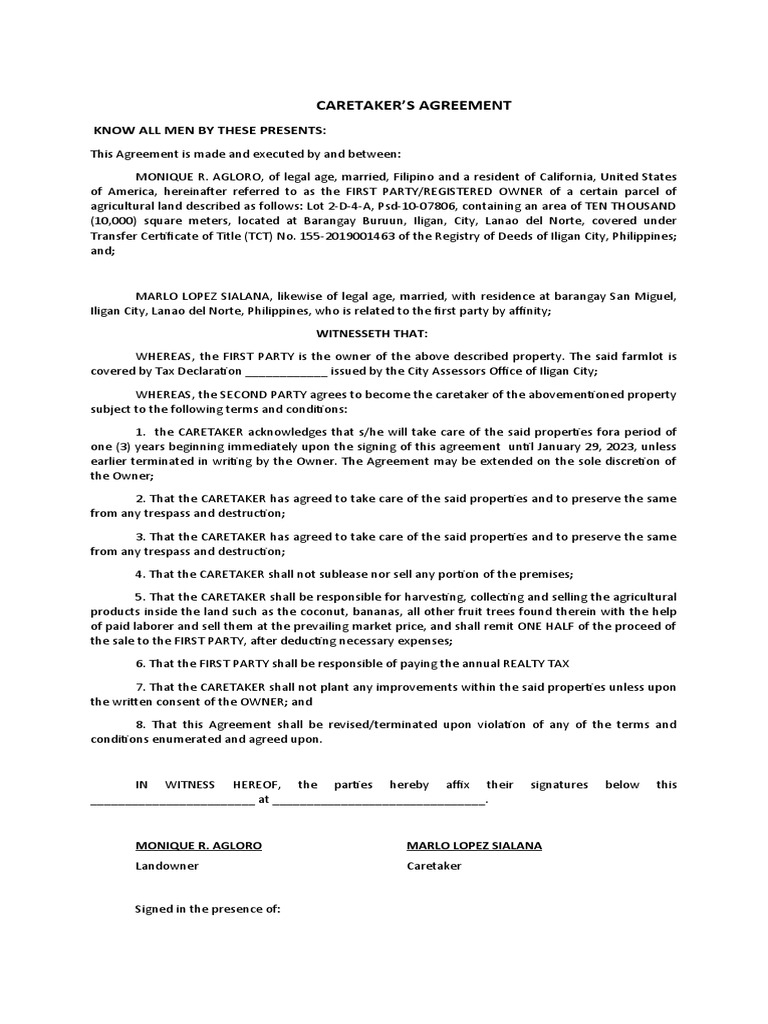 Caretaker Agreement PDF Government Justice