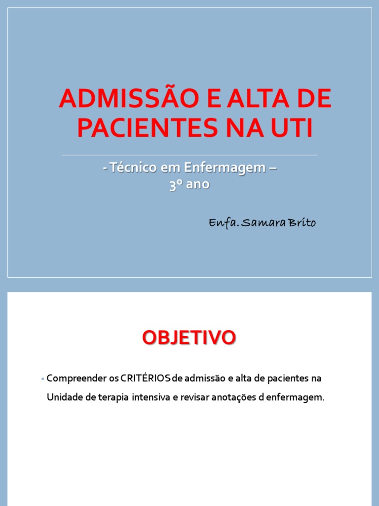 5) Admissão e Alta Na UTI | PDF | Unidade de Tratamento Intensivo (UTI ...