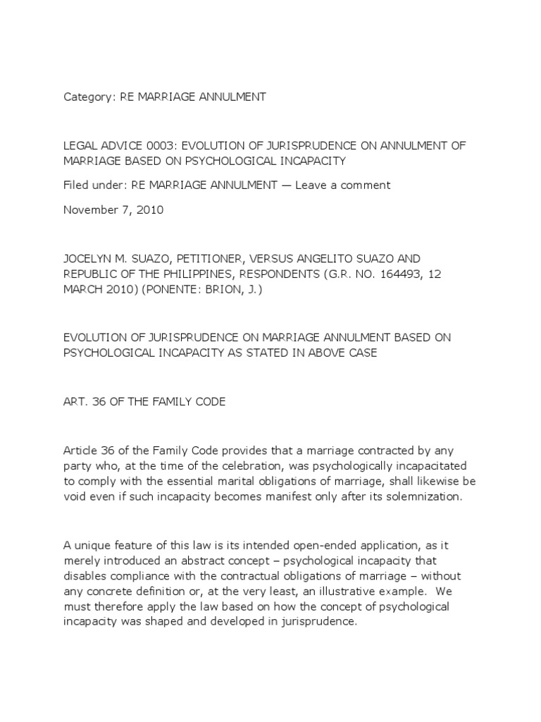 Psychological Incapacity in Marriage Annulment | PDF | Annulment ...