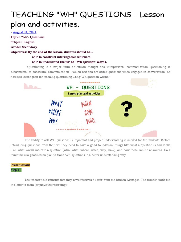 Teaching Wh Questions Lesson Plan