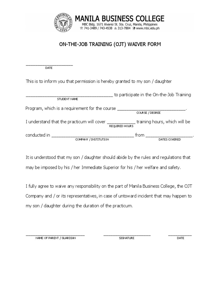 OJT Waiver Form for Parental Consent | PDF