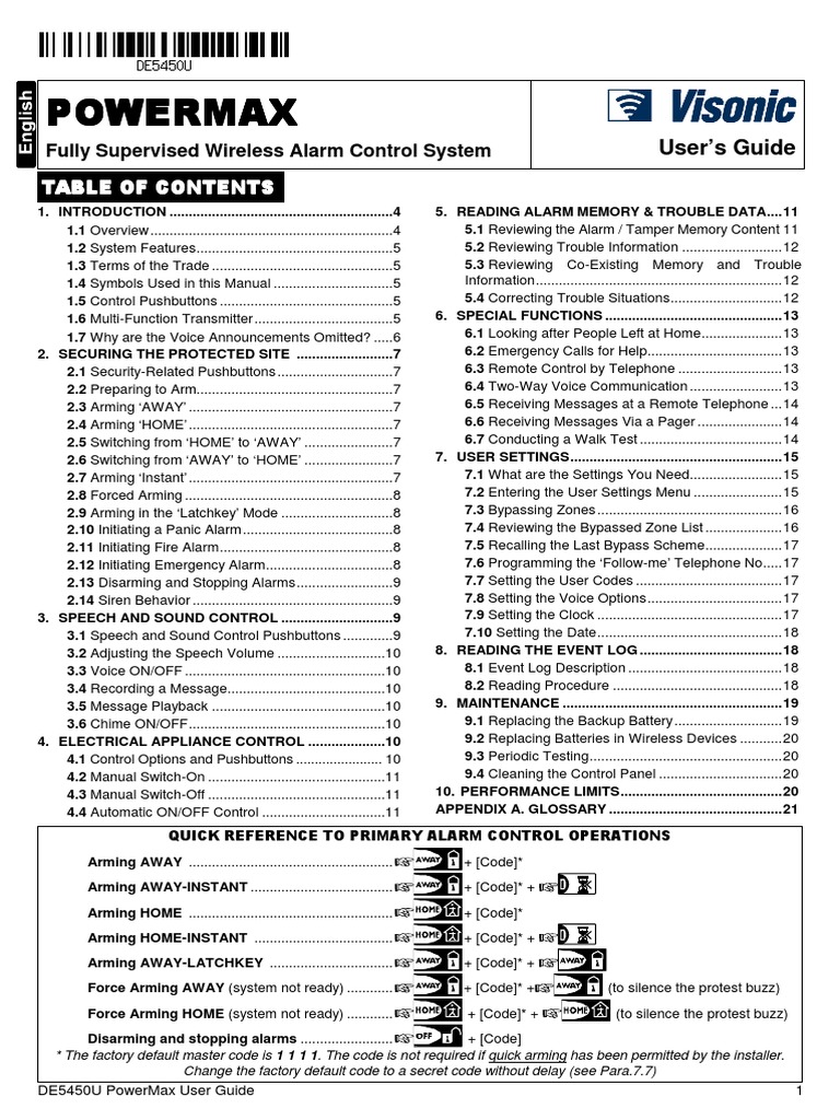 PowerMax English User Guide DE5450U7 | PDF | Telephone | Security Alarm