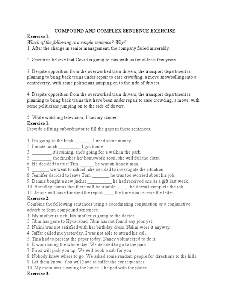 Compound and Complex Sentence Exercise PDF