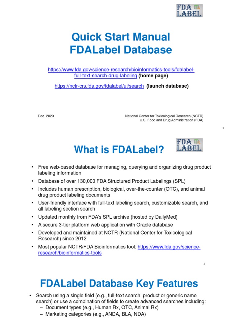 Quick Start Manual Fdalabel Database FullTextSearchDrugLabeling