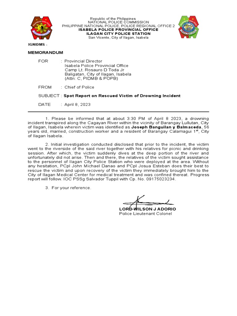 Drowning Incident Report: Ilagan, Isabela | PDF