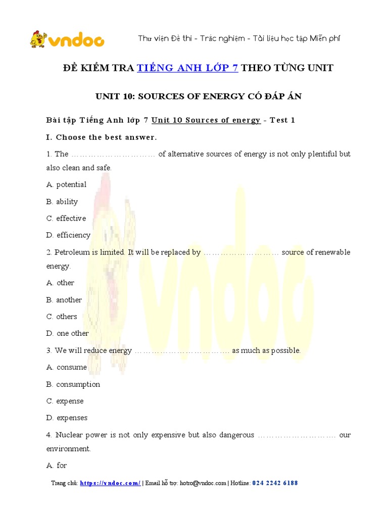 Bai Tap Tieng Anh Lop 7 Thi Diem Unit 10 Sources of Energy | PDF ...