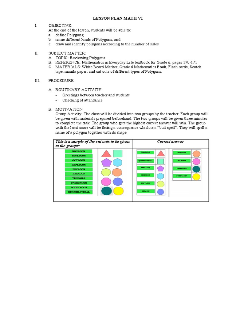 Sample Lesson Plan Grade 6 Polygon | PDF | Teachers | Mathematics