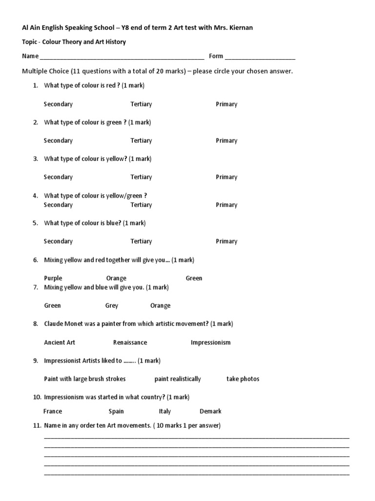 End of Term Y8 Art Test PDF