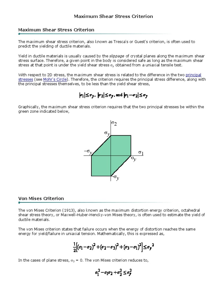 Maximum Shear Stress and Von Mises Criteria | PDF
