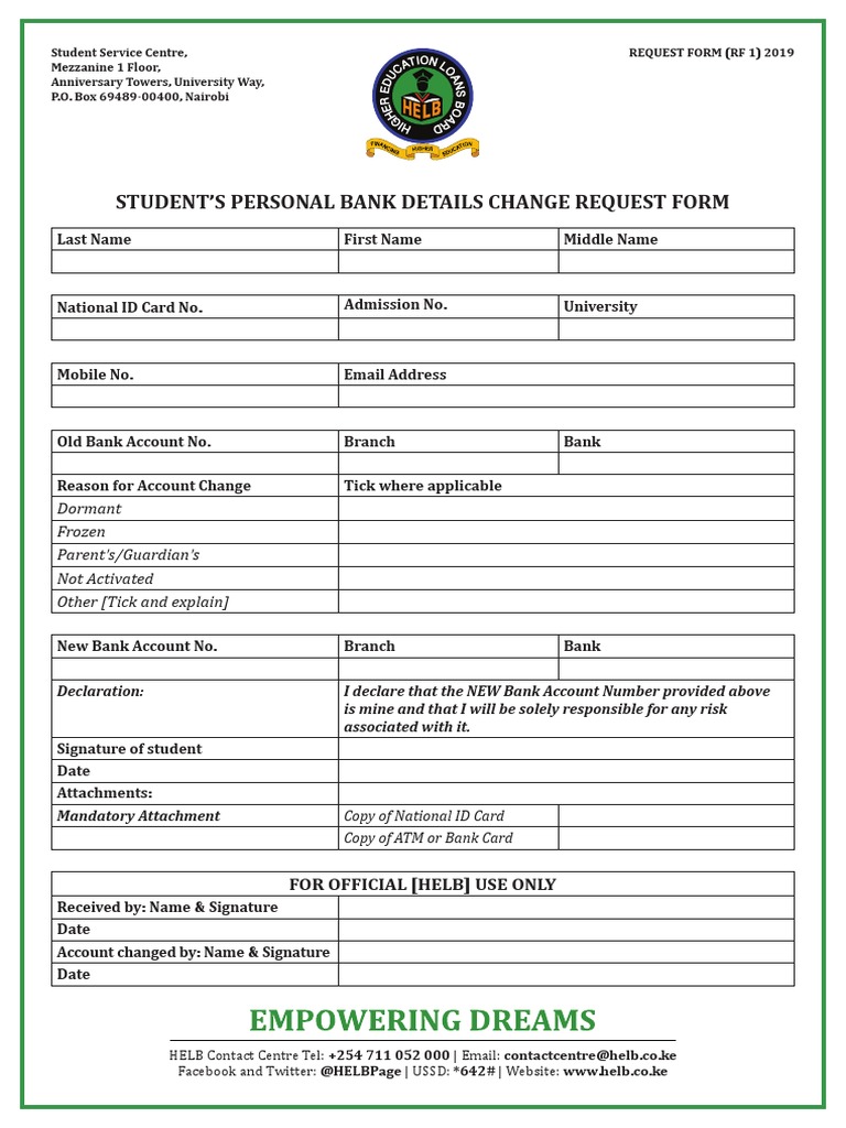 Student'S Personal Bank Details Change Request Form PDF