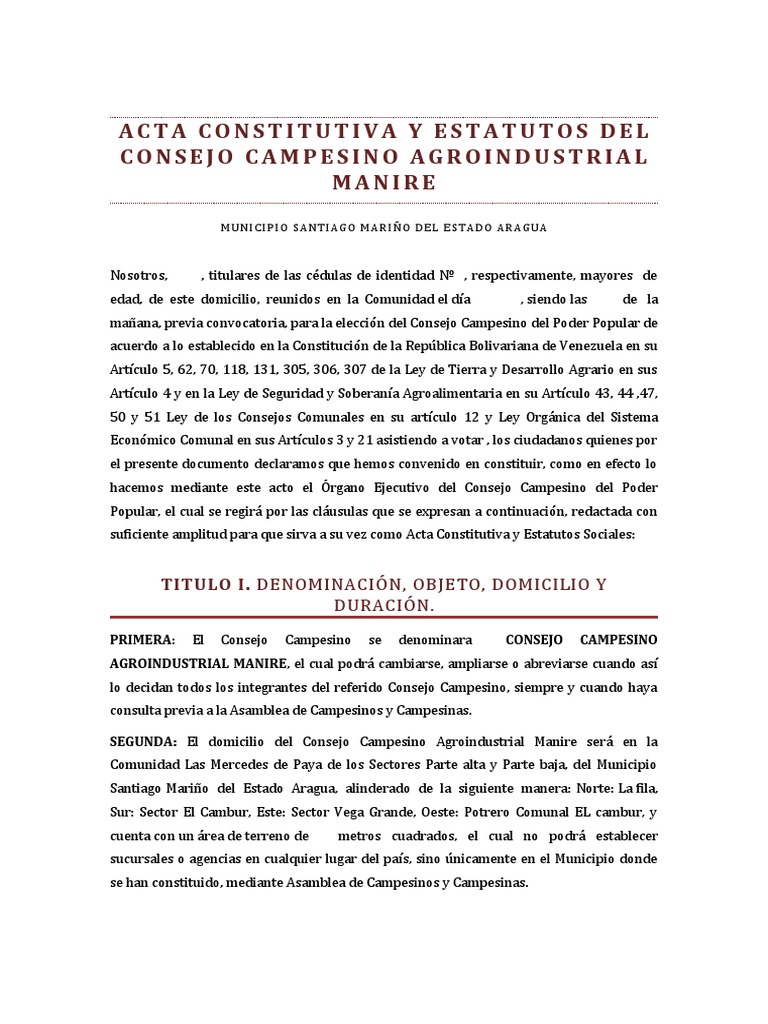 Del Consejo Acta Constitutiva y Estatutos Campesino Agroindustrial ...
