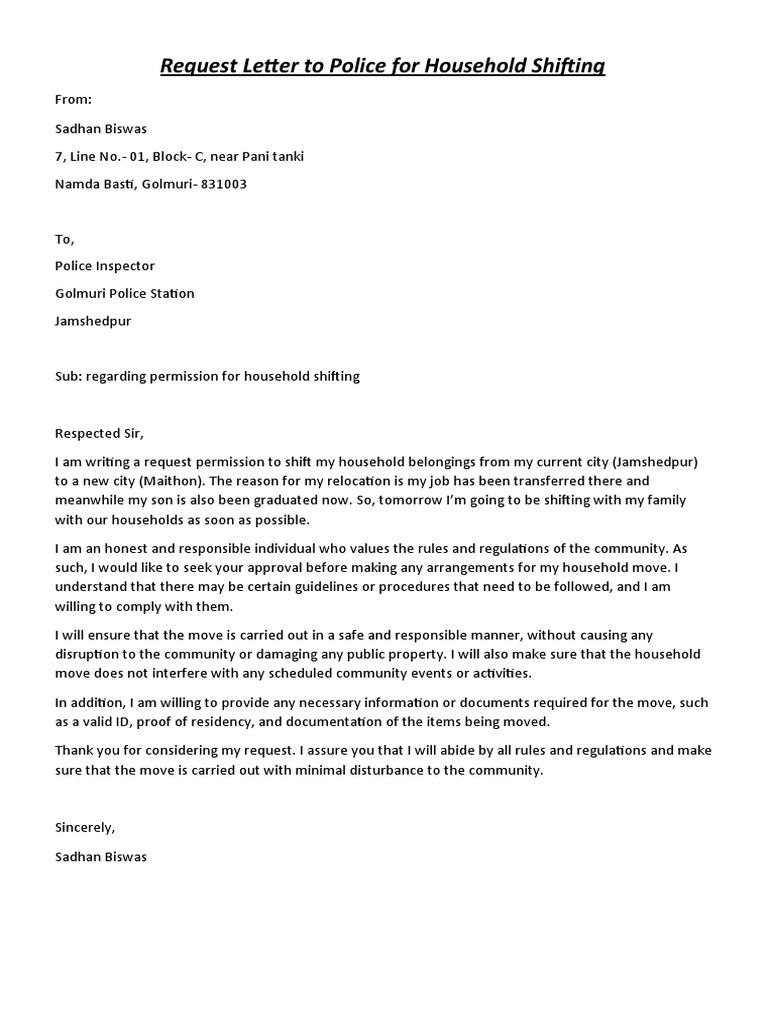 Request Letter To Police For Household Shifting | PDF