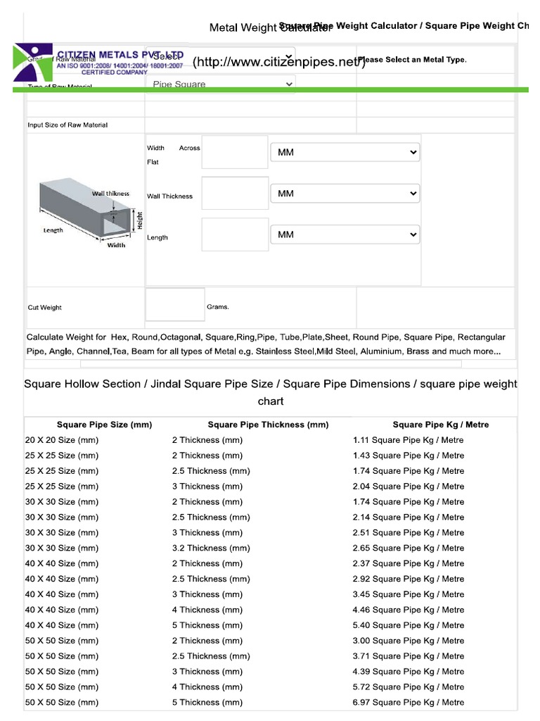 MS Square Tube Weight Chart - Steelcal | PDF
