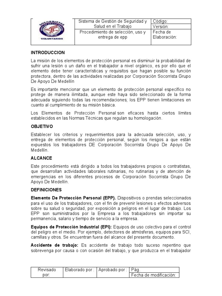 Procedimiento de EPP PDF Seguridad y salud ocupacional