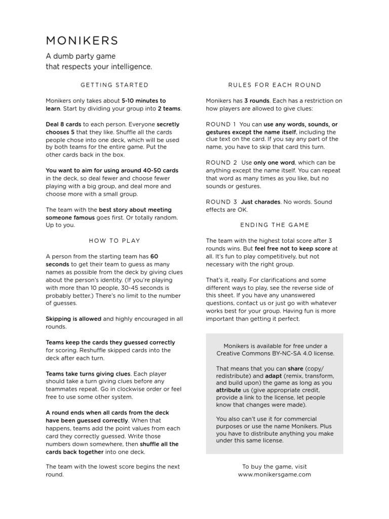 Monikers: A Dumb Party Game That Respects Your Intelligence | PDF