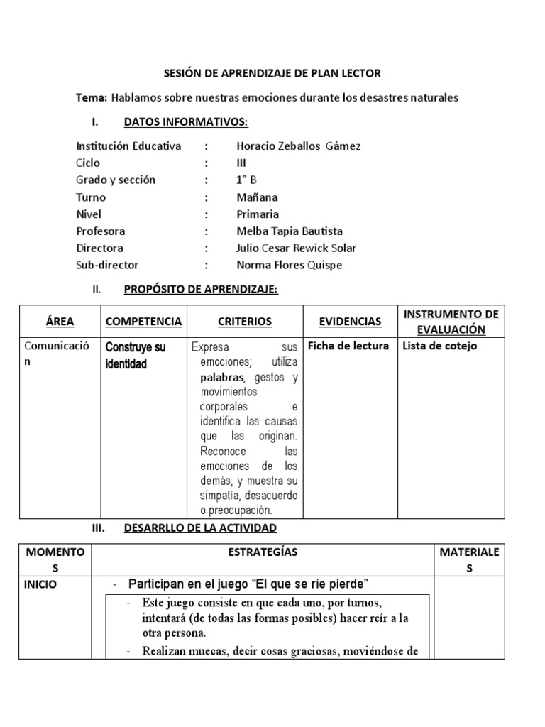 SESIÓN DE APRENDIZAJE DE PLAN LECTOR (20 de Marzo) | PDF | Las ...