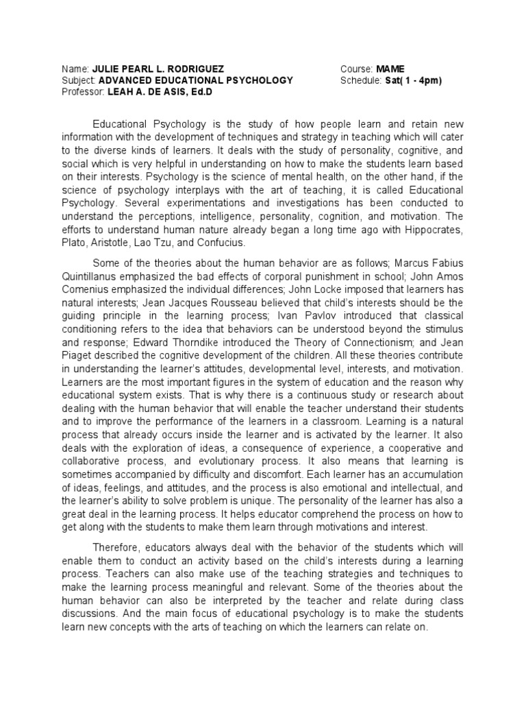 Synthesis (Educational Psychology) PDF Learning Educational