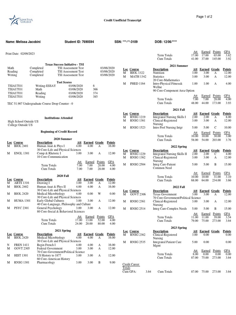 Lonestar Unofficial Transcript Summary | PDF | Health Care | Social ...
