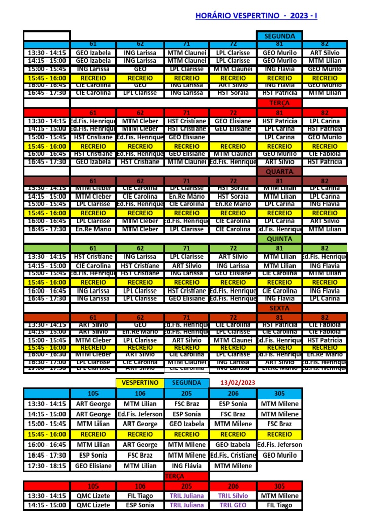 Horario Vespertino - 2023 - I | PDF