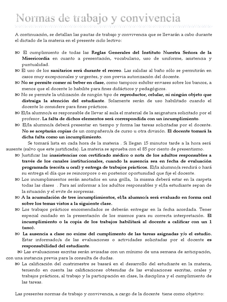 Normas de Convivencia y Trabajo Escolar | PDF