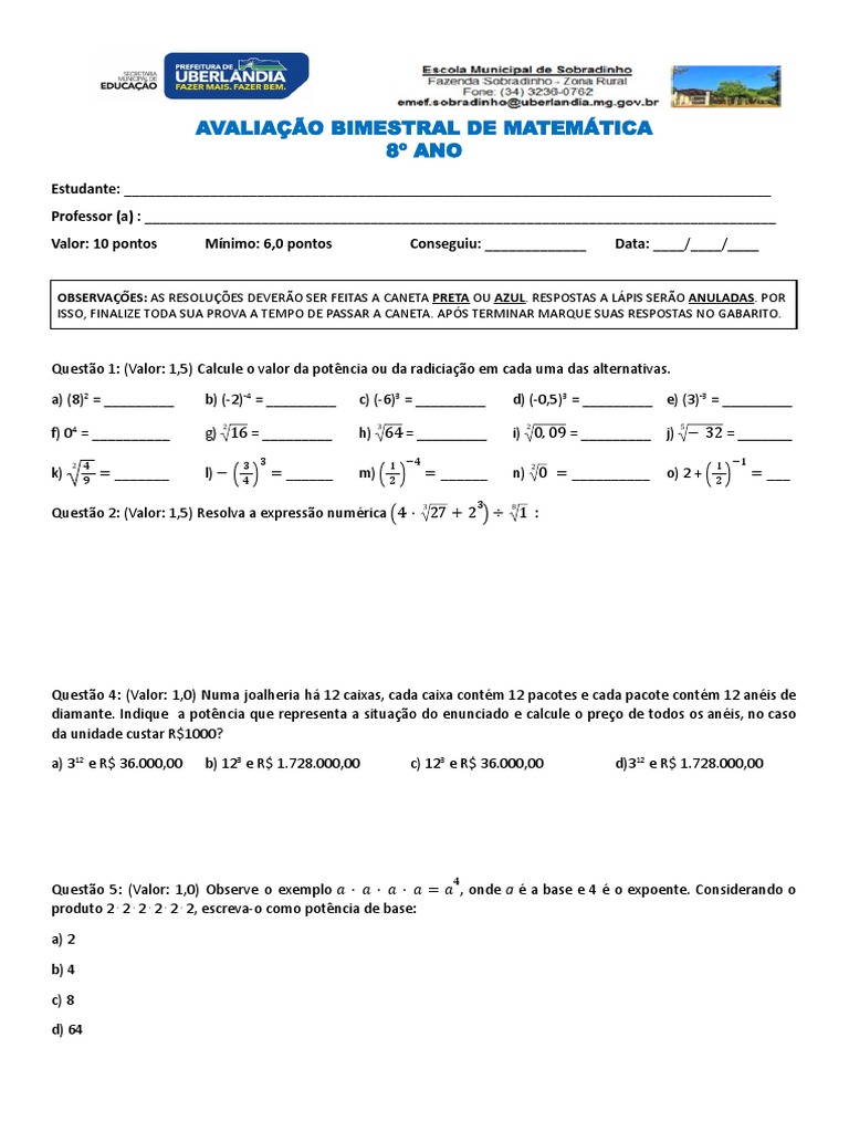 Avaliação de Matemática 8 Ano | PDF | Exponenciação | Matemática