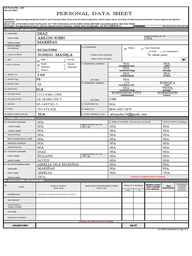 Personal Data Sheet Examples