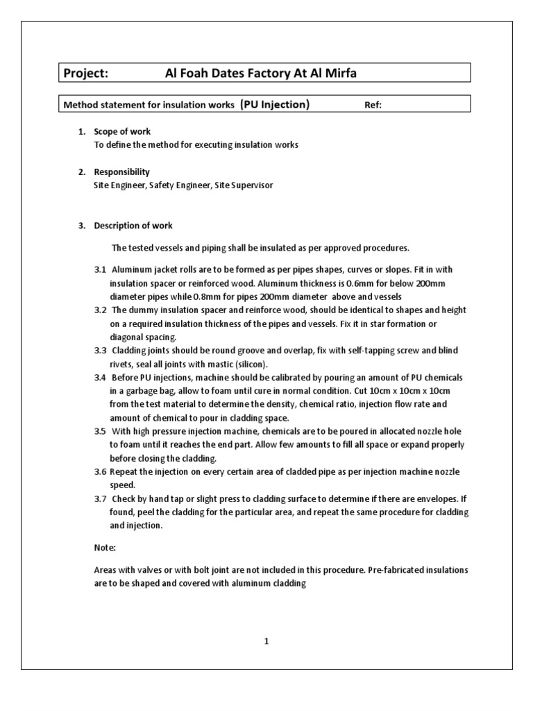 PU Injection Insulation Method Statement | PDF | Technology & Engineering
