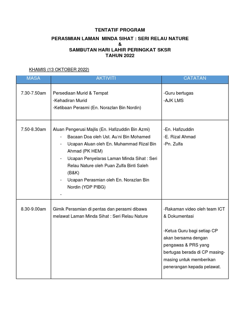 Tentatif Program Perasmian Laman Minda Sihat & Sambutan Hari Lahir 2022 ...
