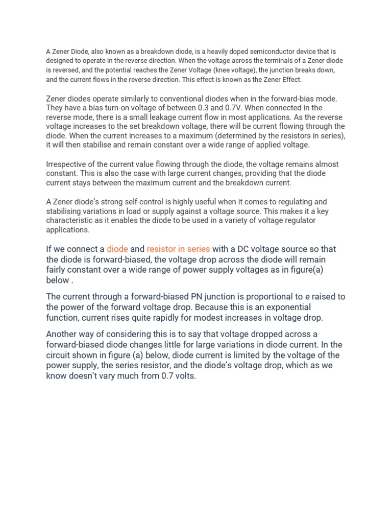 A Zener Diode, Also Known As A Breakdown Diode, Is A Heavily Doped