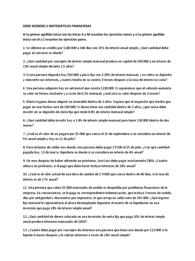 Serie 2 Matemáticas Financieras | PDF | Interés | Tasas de interés