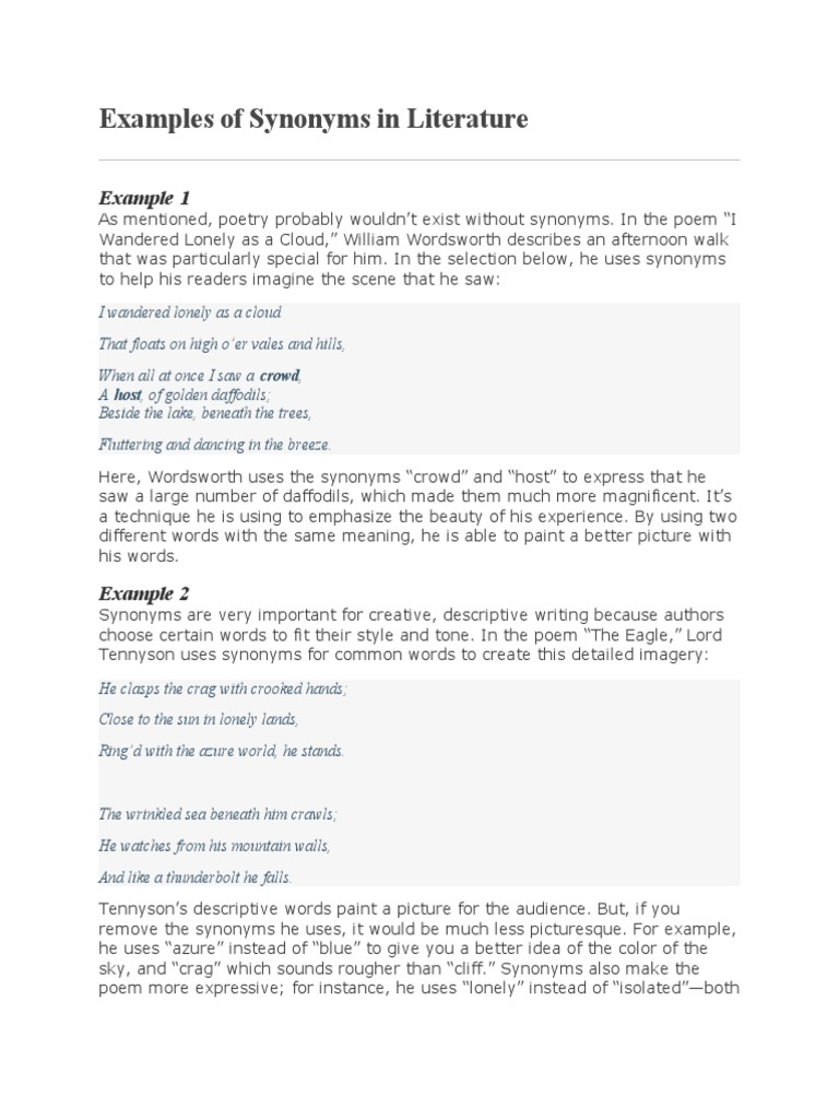 Examples of Synonyms in Literature | PDF