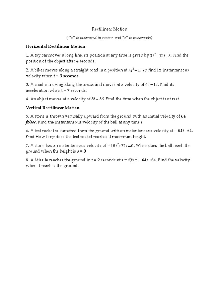 Rectilinear Motion Online Activity PDF