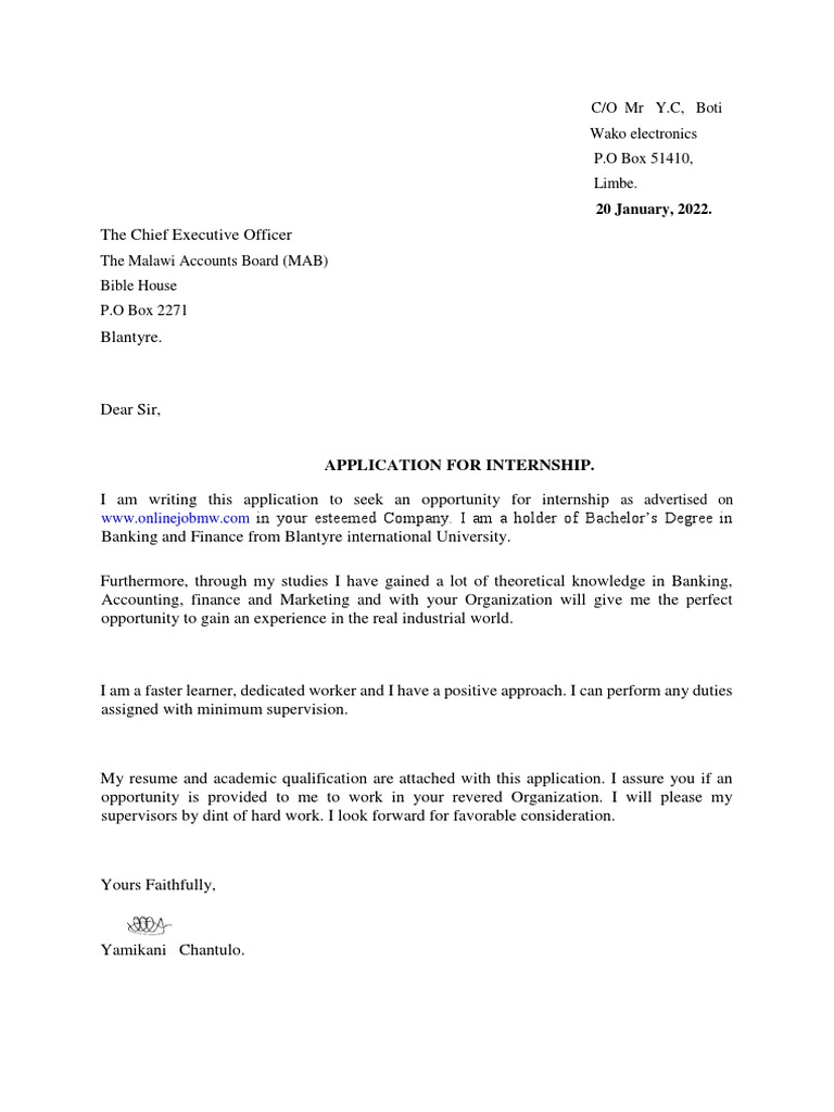 Bank Internship Application Letter | PDF | Banks | Malawi