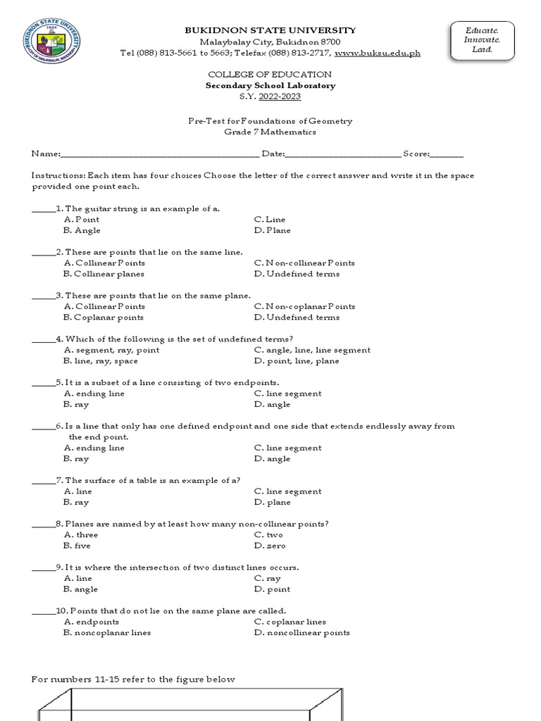 Pre-Test Foundations of Geometry | PDF | Line (Geometry) | Elementary ...