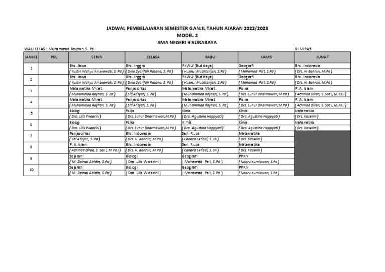 Class Schedule for the Odd Semester of the 2022/2023 Academic Year