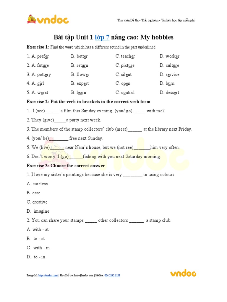 Bai tap unit 1 lop 7 nang cao my hobbies pdf adventure travel hobbies