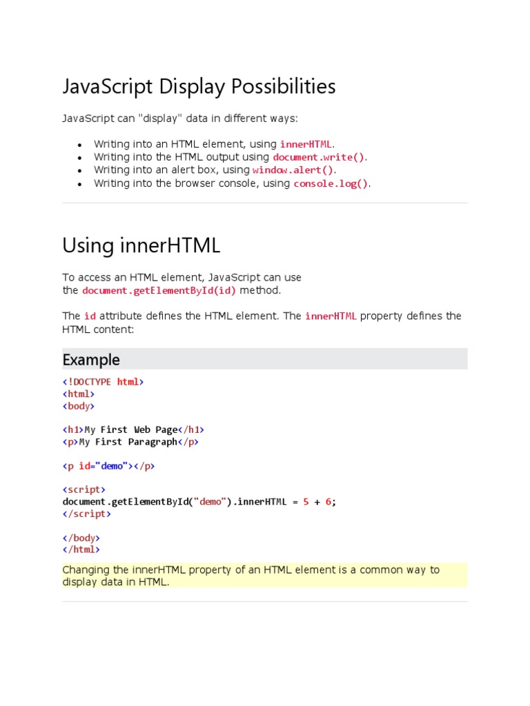 JavaScript Display Possibilities PDF Java Script Html
