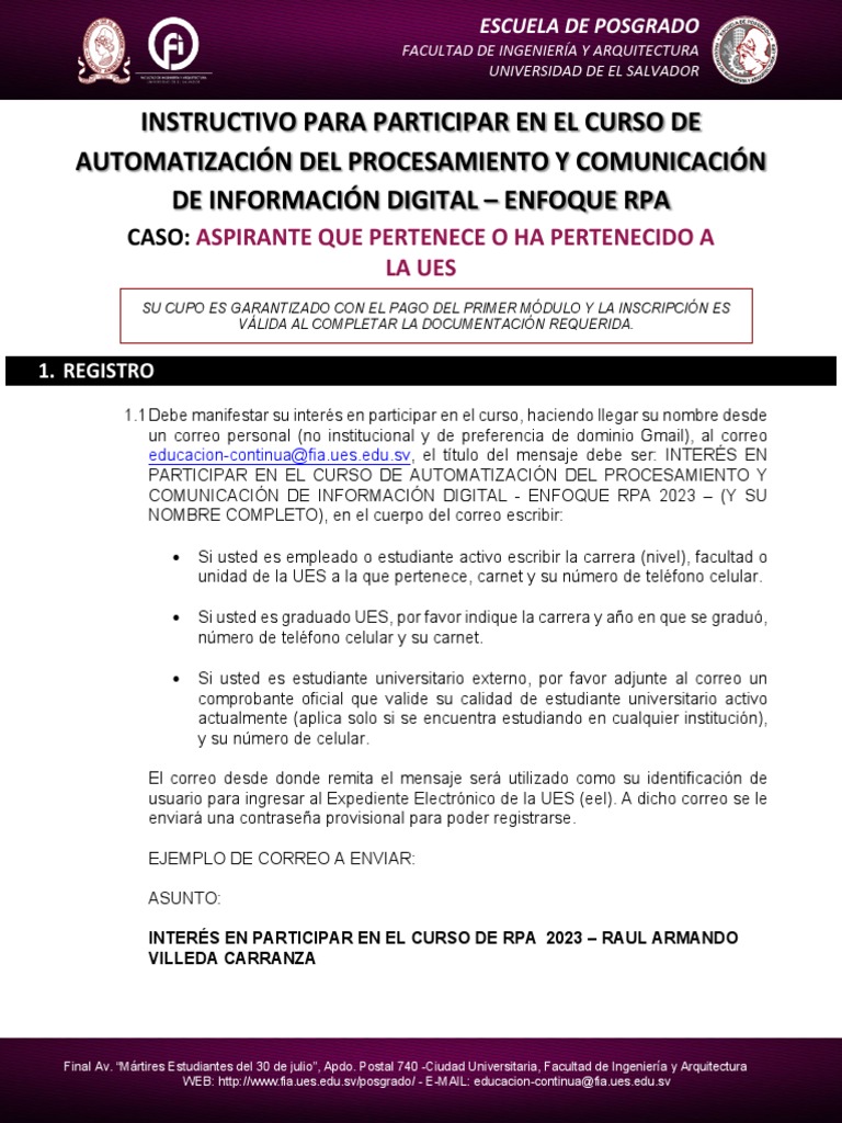 Guía Para Participar En El Curso Rpa 2023 Caso Aspirantes Ues Pdf