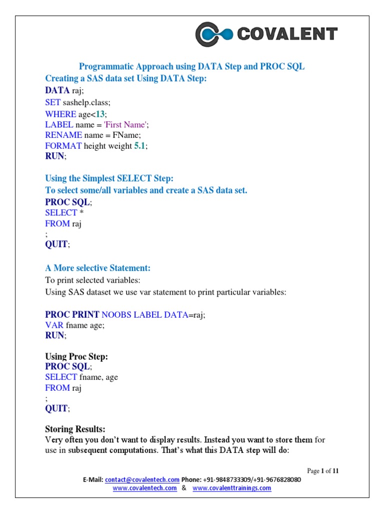 Programmatic Approach Using DATA Step and PROC SQL Creating A SAS Data ...