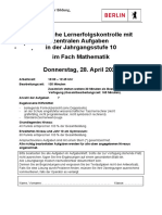 Schriftliche Lernerfolgskontrolle Mit Zentralen Aufgaben in Der Jahrgangsstufe 10 Im Fach Mathematik Donnerstag, 28. April 2022