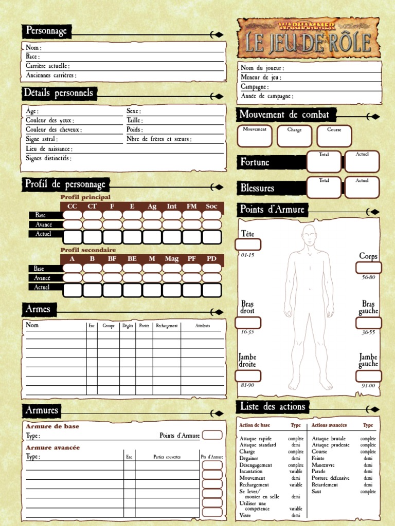Fiche de Personnage PDF Jeux de rôles Gaming