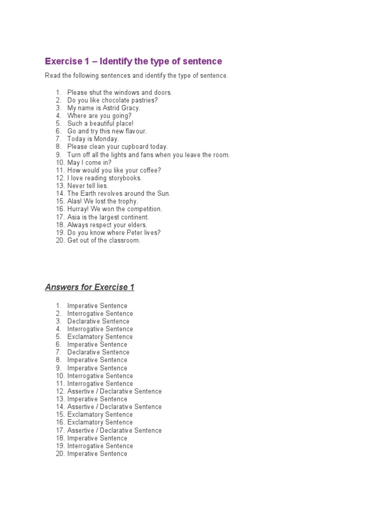 Types Of Sentences Identification Exercise Pdf