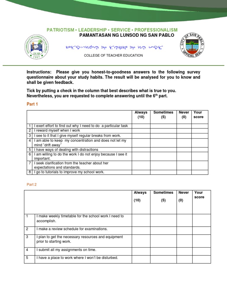 Study Habits Survey for Students | PDF | Essays