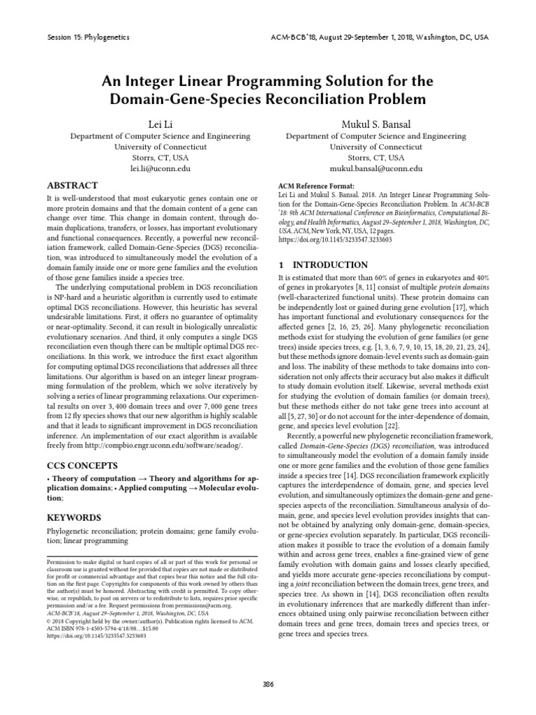 An Integer Linear Programming Solution For Domain Gene and Species ...