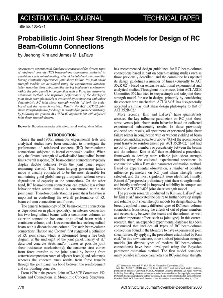 Probabilistic Joint Shear Strength Models For Design of RC Beam-Column ...