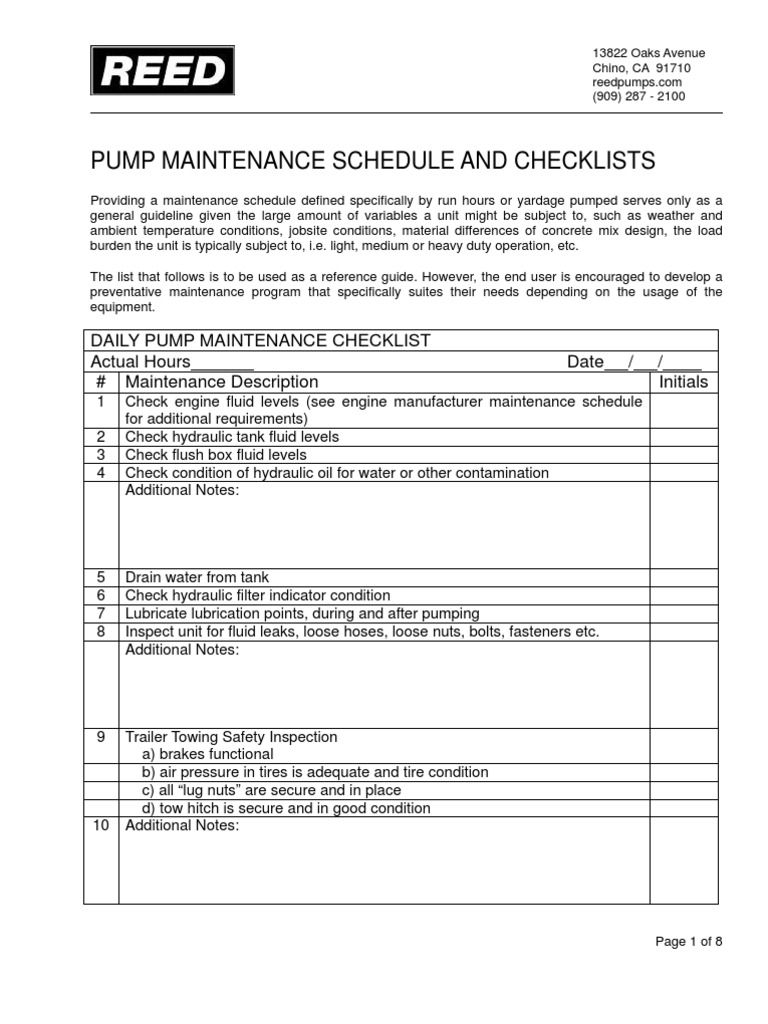 Concrete Pump Maintenance Checklist 2024 | PDF | Vehicles | Vehicle ...